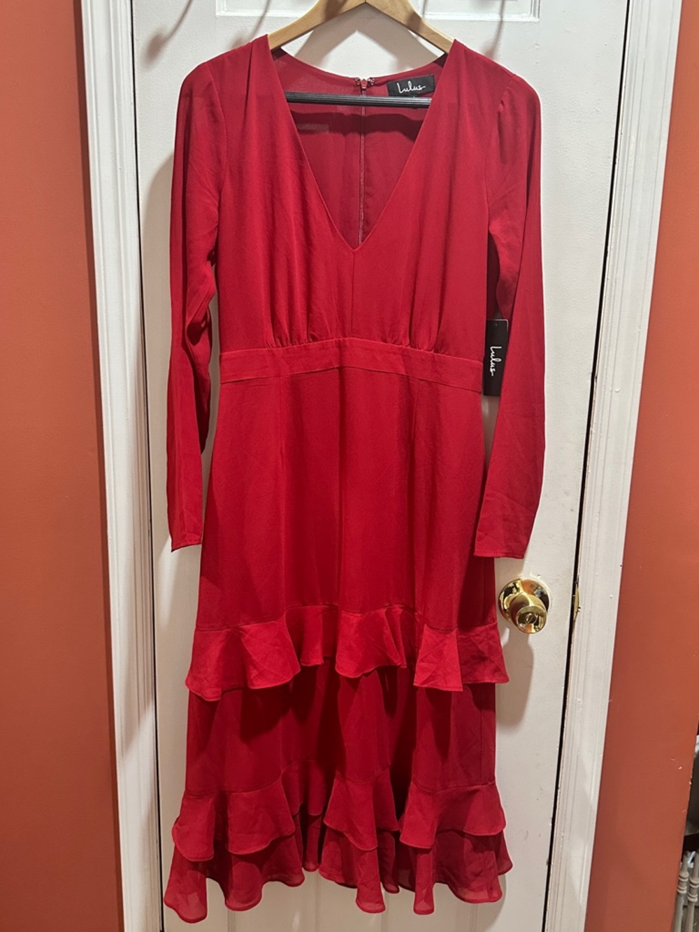 Lulu's Red Long-Sleeve V-Neck Ruffle Midi Dress